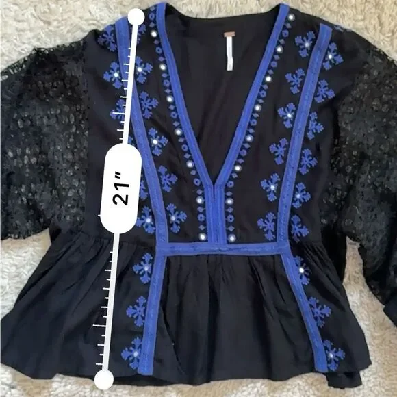 FREE PEOPLE Boogie All Night Peasant Blouse In Black S NWOT - Picture 8 of 13